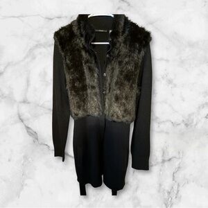 T Tahari faux fur belted cardigan black wool blend large